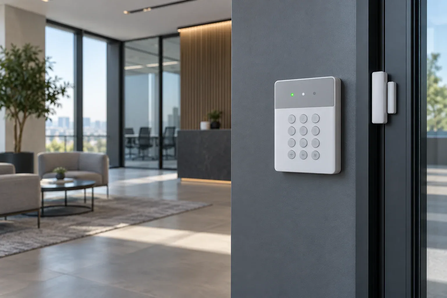 Ofis girişinde alarm tuş takımı ve kapı kontağı