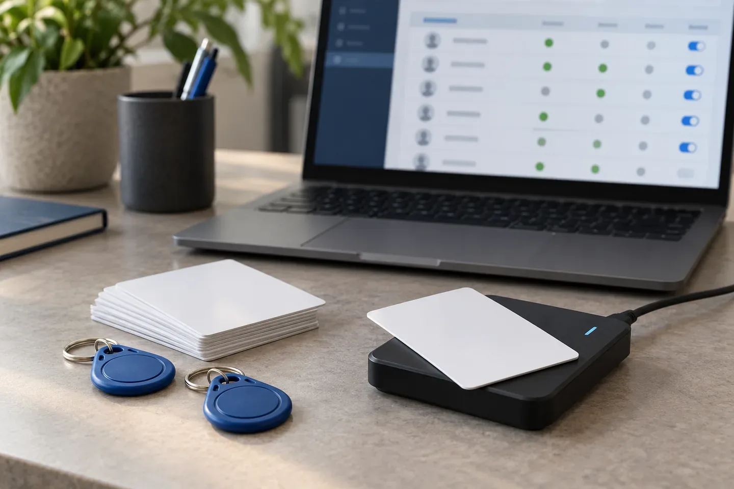 Kullanıcı yetkilerinin yönetildiği bilgisayarın yanında RFID kartları ve kayıt okuyucusu