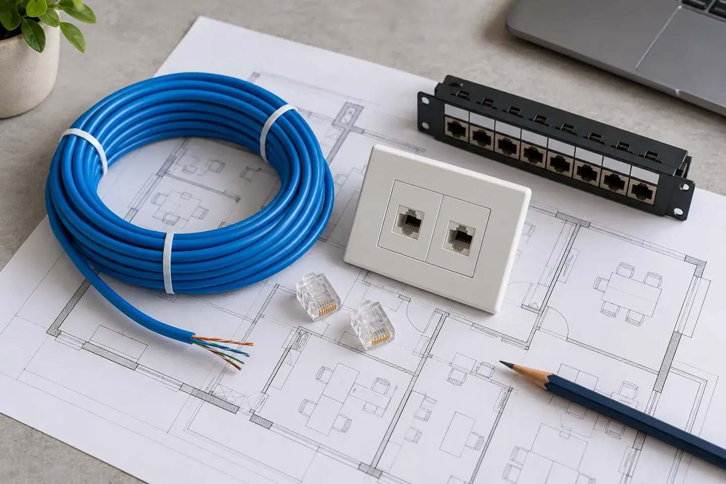 Ofis planı üzerinde ağ kablosu, RJ45 uçları, veri prizi ve patch panel