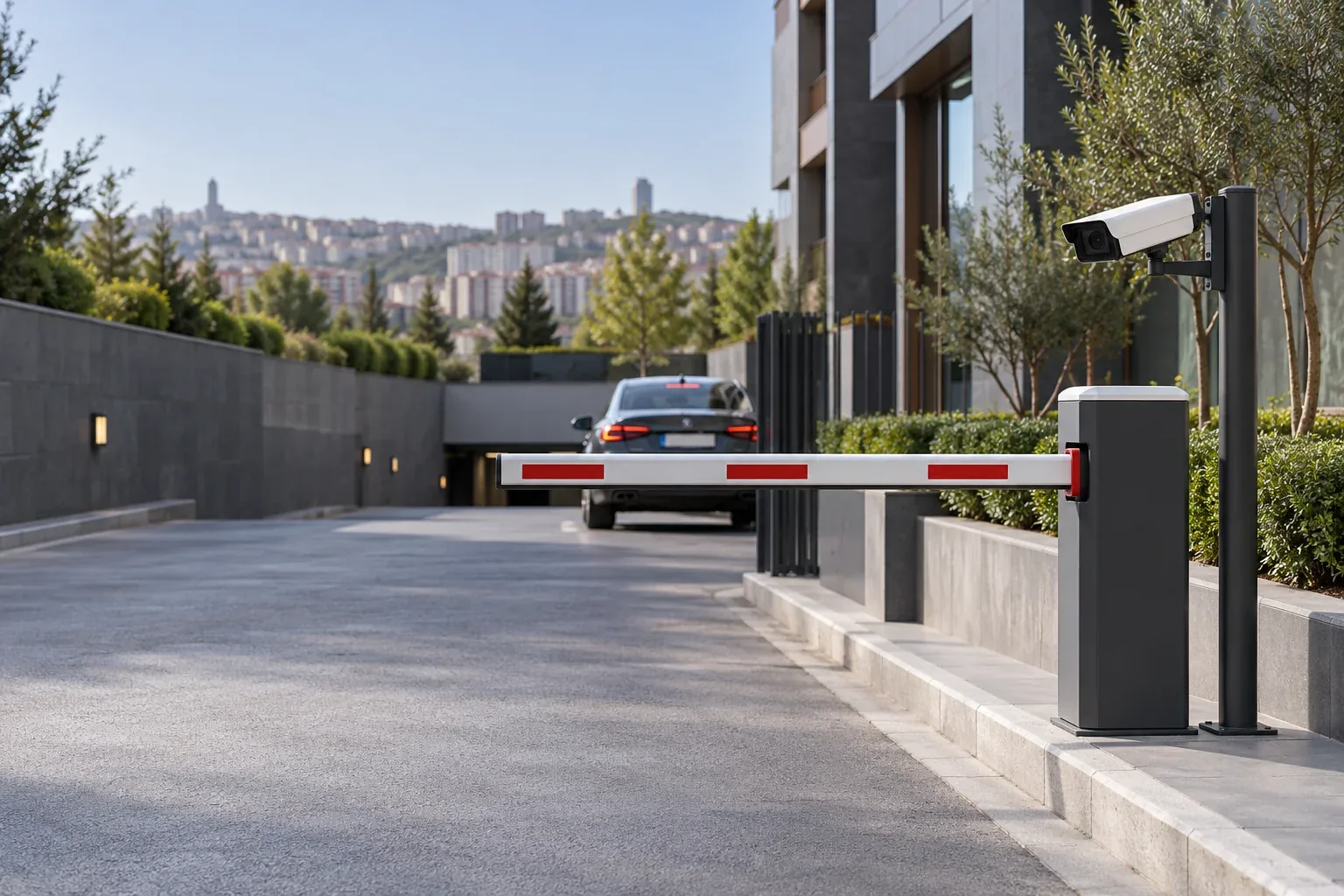 Otopark girişinde plaka tanıma kamerası ve araç bariyeri